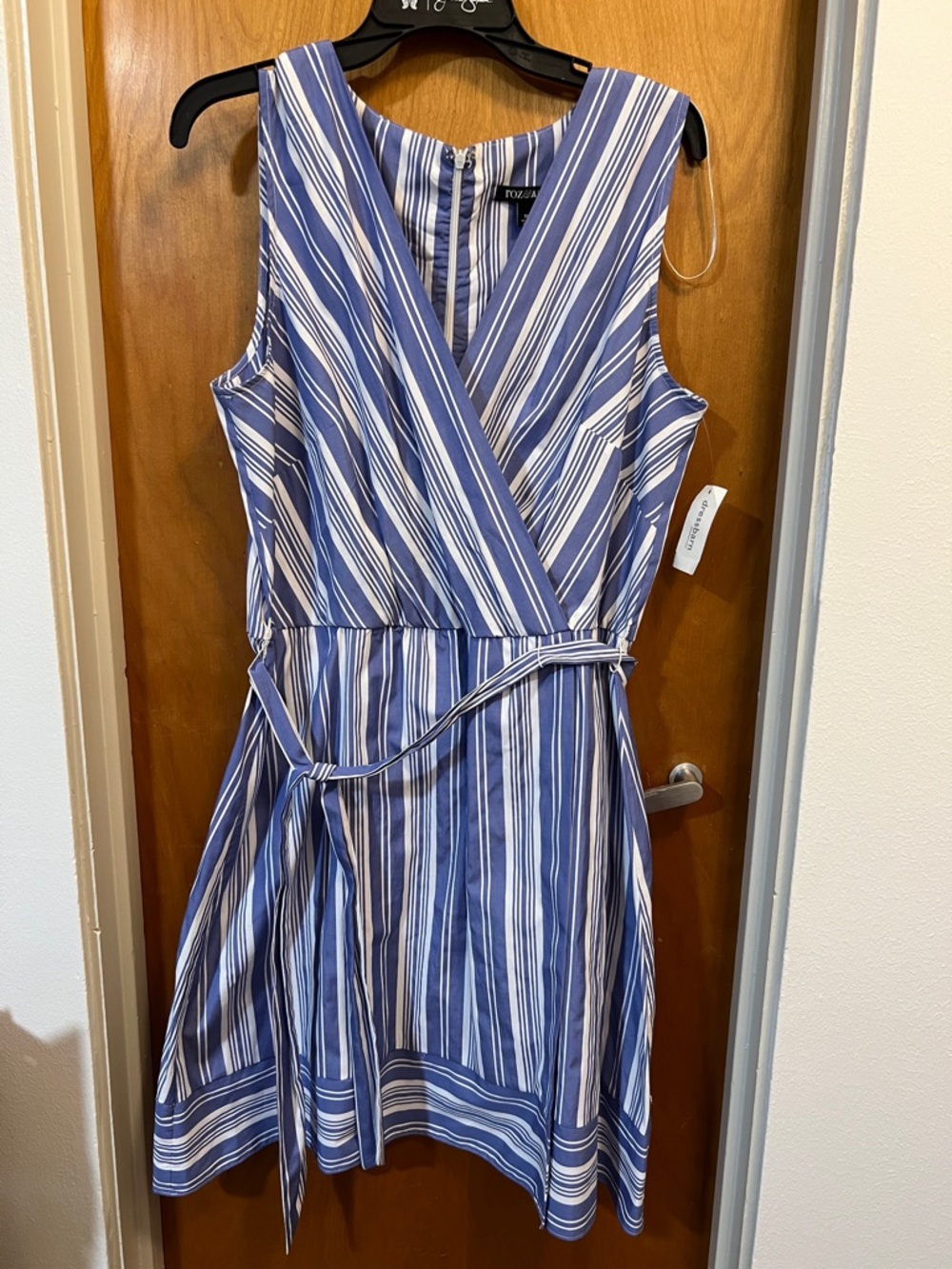Roz & Ali Blue and White Striped Sleeveless Wrap Midi Dress